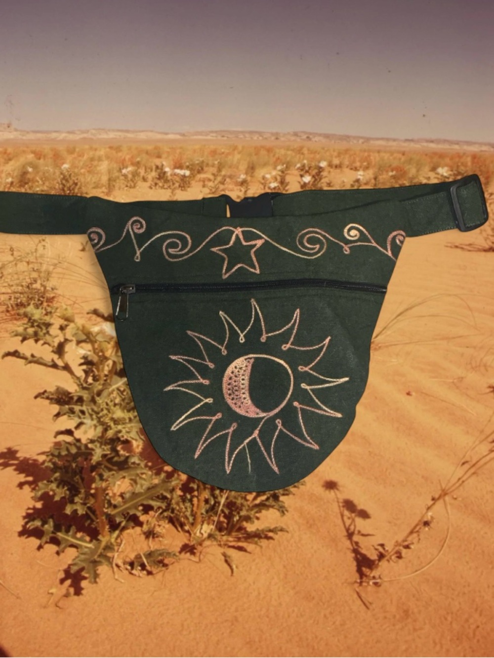 Handmade Gypsy Rose Embroidered Sun & Moon Green Fanny Pack/Bag